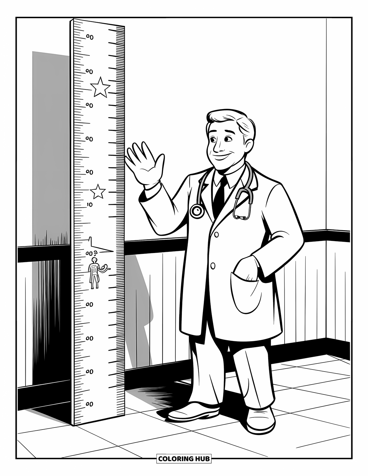 Doctor Coloring Page for Kids: A smiling doctor stands near a height chart with a ruler and stars above