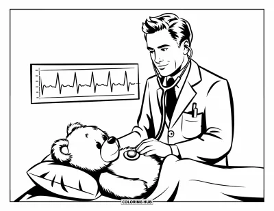 Tegning af læge til børn: En tøjbjørn som patient ser til mens lægen peger på et hjertefrekvensdiagram