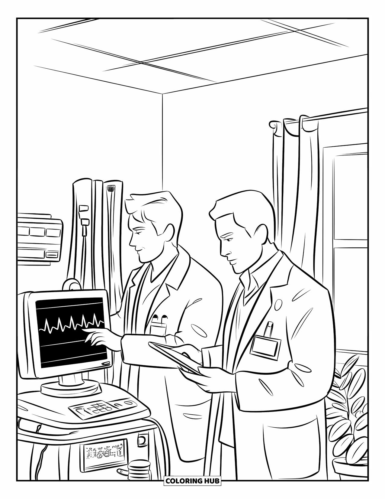 Doctor Coloring Page for Kids: Doctors work together, one checking vitals and one entering notes in a plant-filled room