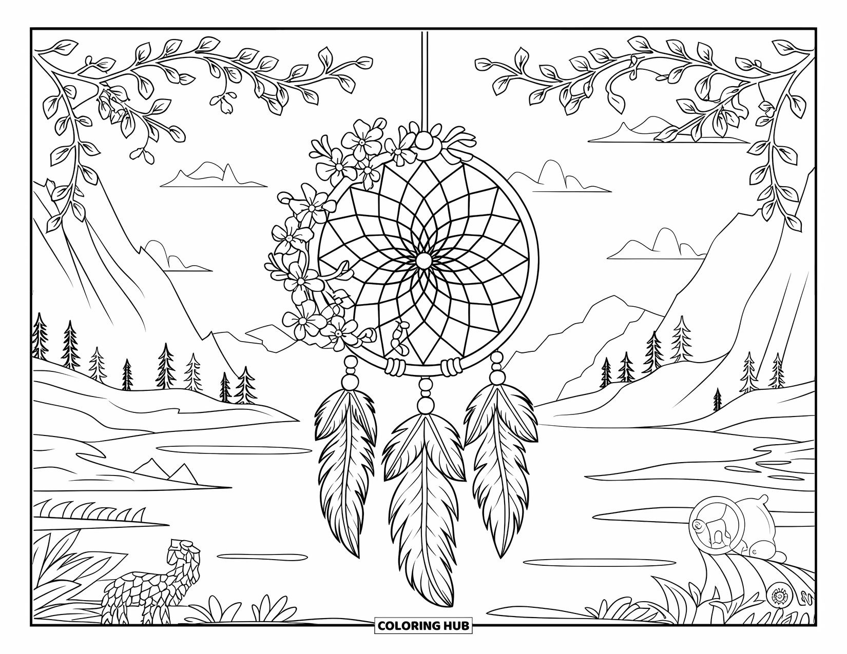 Dreamcatcher Coloring Page for Adults: A beaded dreamcatcher with floral vines hangs in nature with tiny animals around it