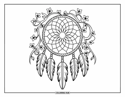 Coloriage d'attrape-rêves pour adultes : Un attrape-rêves circulaire avec des perles et des rinceaux fleuris s'enroule doucement autour d'une toile symétrique