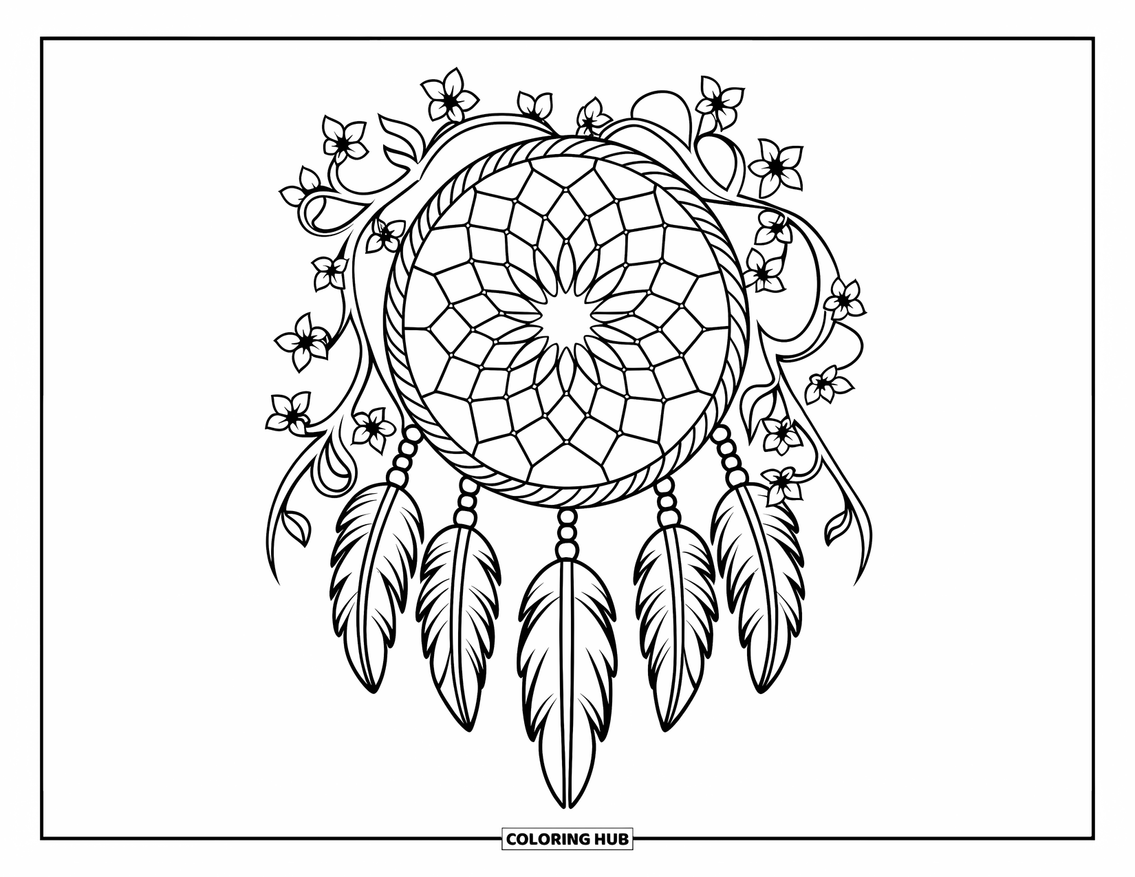 Dreamcatcher Coloring Page for Adults: A circular dreamcatcher with beads and floral vines wraps gently around a symmetrical web