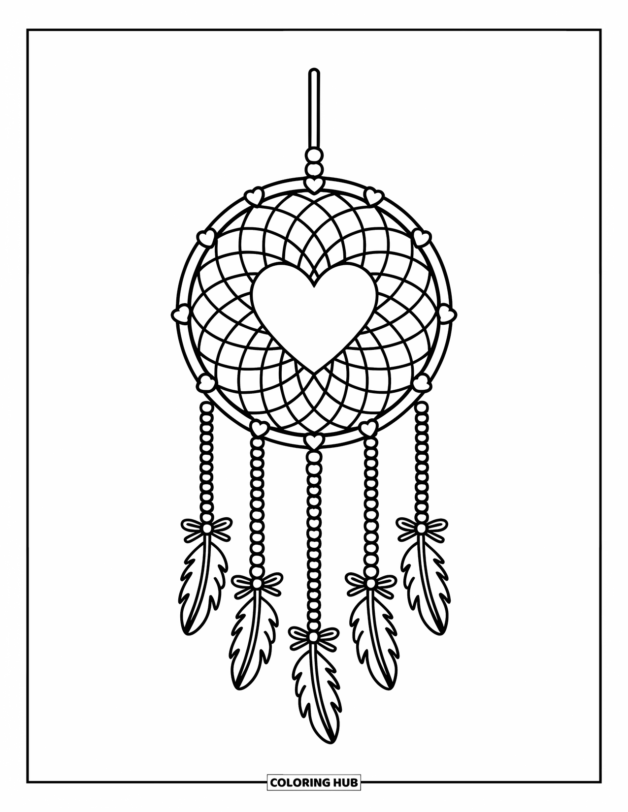 Dreamcatcher Coloring Page for Adults: A circular dreamcatcher with heart web and feather bows hangs in a sweet design