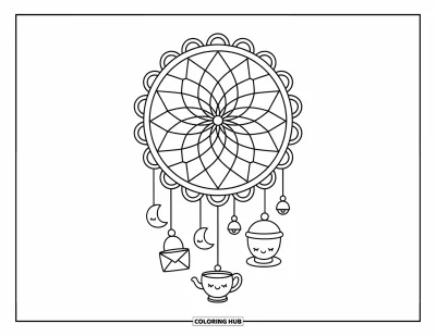 Coloriage d'attrape-rêves pour adultes : Un cerceau douillet avec une toile en losange et de mignons pendentifs comme une lune et un nœud