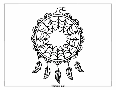 Coloriage d'attrape-rêves pour adultes : Une toile avec des spirales en pétales et des plumes dentellées repose dans un cerceau façon napperon