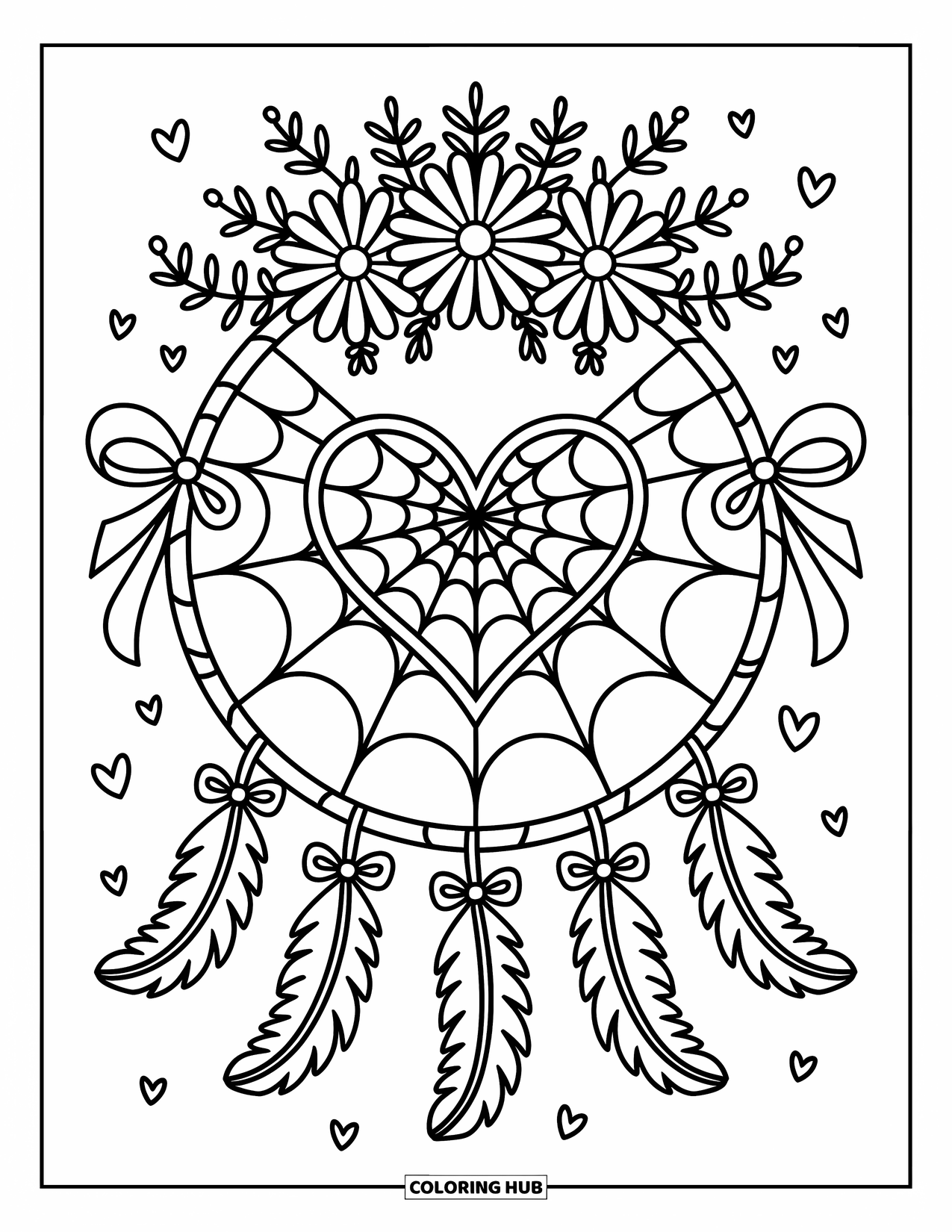 Dreamcatcher Coloring Page for Adults: A daisy-crowned hoop with a heart web and soft feather bows feels dreamy and cozy