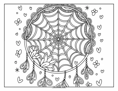 Coloriage d'attrape-rêves pour adultes : Une toile délicate en spirale à l'intérieur d'un cadre de napperon avec de courts fils de plumes en dessous
