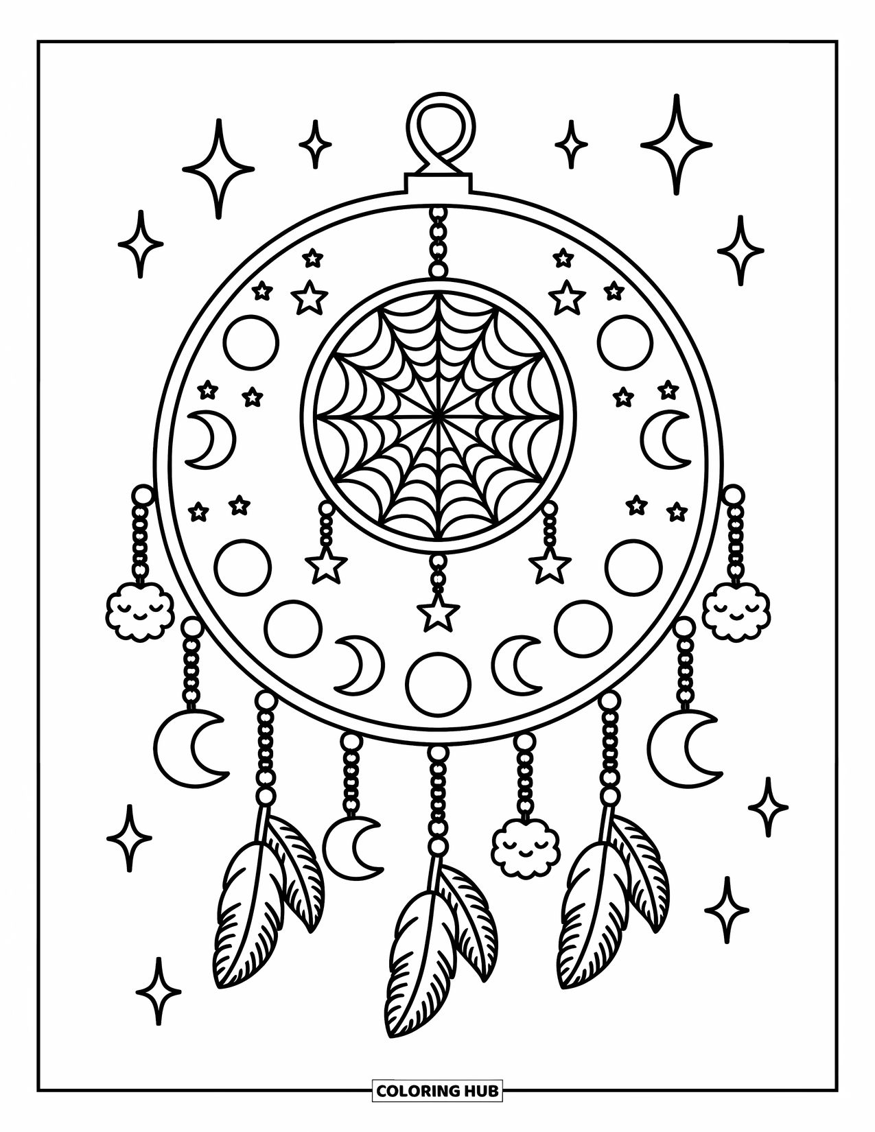 Dreamcatcher Coloring Page for Adults: A double-hoop dreamcatcher with moon faces and stars holds puffy tassels and cloud feathers