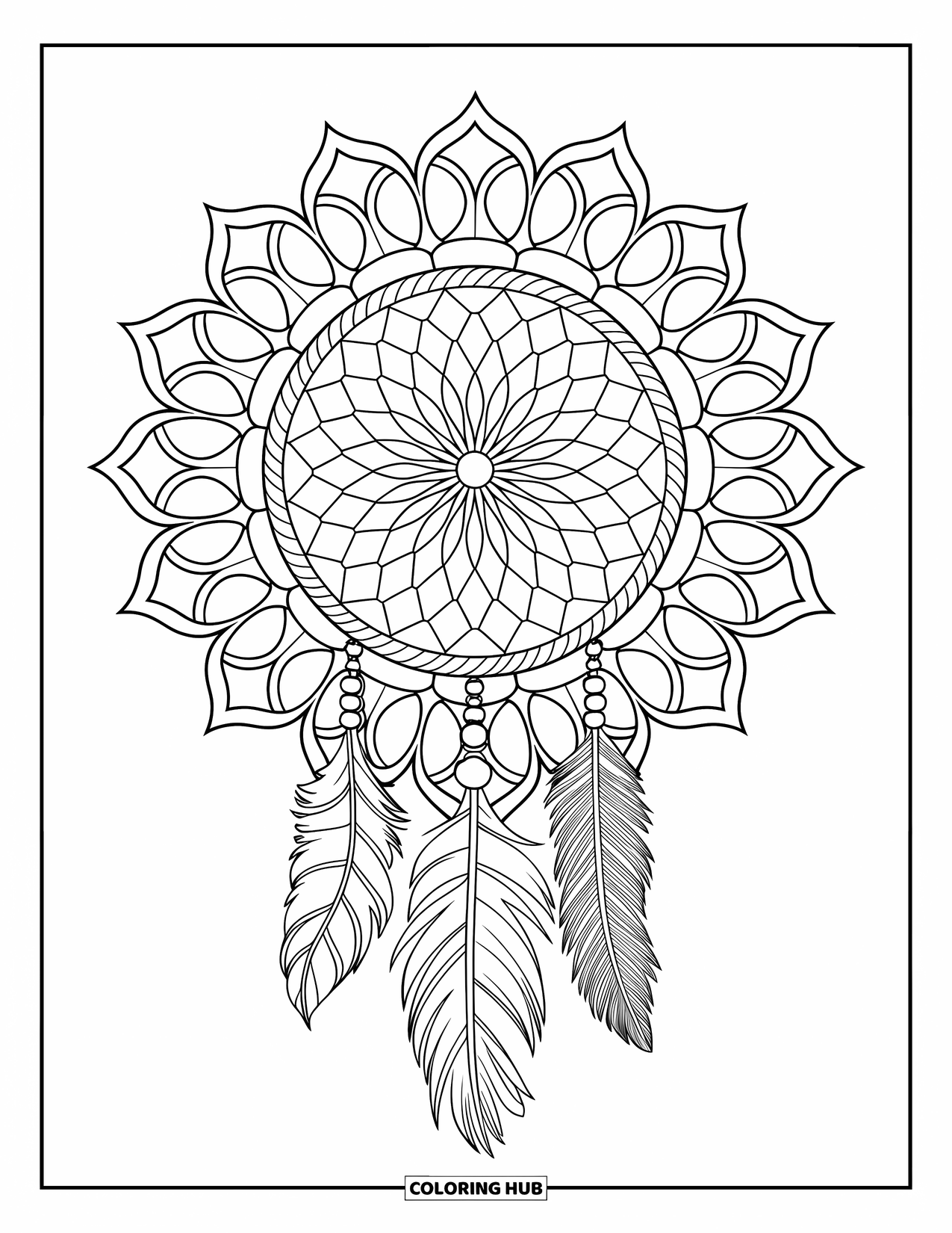 Dreamcatcher Coloring Page for Adults: A dreamcatcher with lace-like webbing is surrounded by a floral mandala pattern