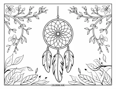 Coloriage d'attrape-rêves pour adultes : Un attrape-rêves à toile effilée pend parmi des fleurs, des rinceaux et des branches feuillues