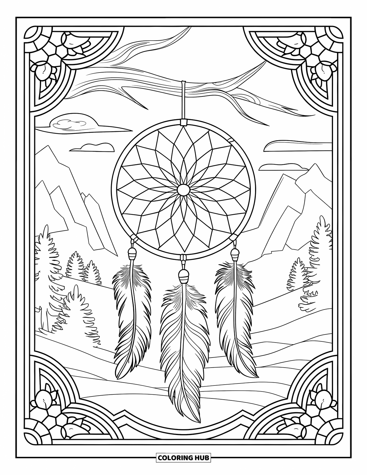Dreamcatcher Coloring Page for Adults: A feathered dreamcatcher framed in stained glass hangs in a peaceful mountain scene