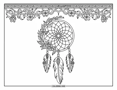 Coloriage d'attrape-rêves pour adultes : Un attrape-rêves encadré de fleurs avec une toile effilée s'inscrit dans une bordure ornée de rinceaux