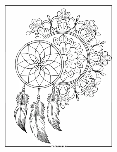Coloriage d'attrape-rêves pour adultes : Un mandala fleuri entoure un attrape-rêves à toile dentellée avec des plumes et un sac en tissu