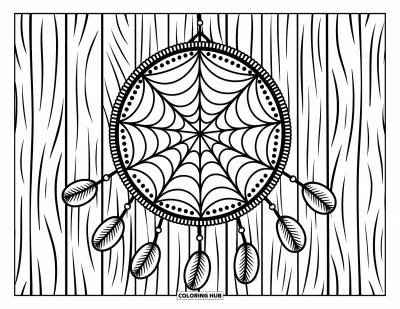 Coloriage d'attrape-rêves pour adultes : Une toile façon araignée fleurie pend sur du bois avec des bords de napperon et des fils dentellés