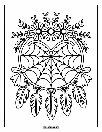 Coloriage d'attrape-rêves pour adultes : Un cerceau fleuri au sommet avec une toile en cœur et des fils de plumes noués dégage un charme attendrissant