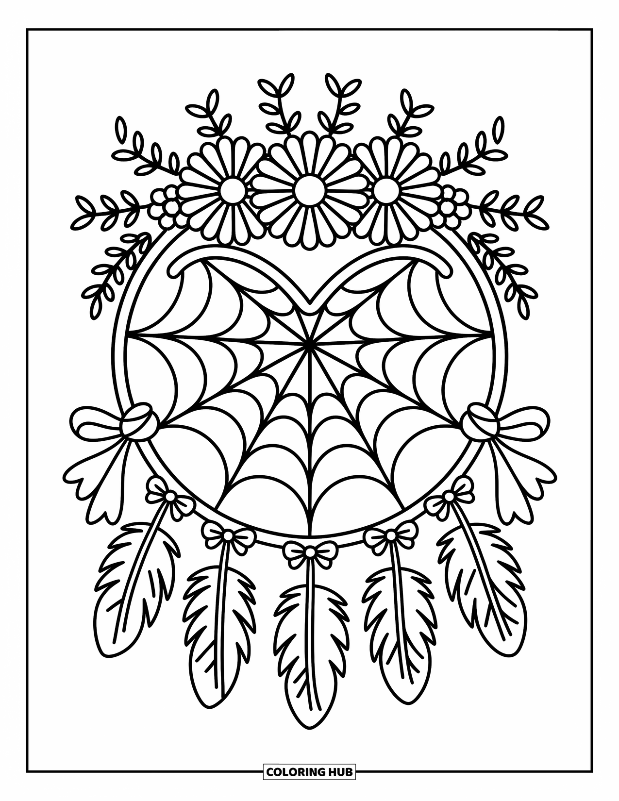Dreamcatcher Coloring Page for Adults: A floral-topped hoop with a heart web and tied feather strands brings sweet vibes
