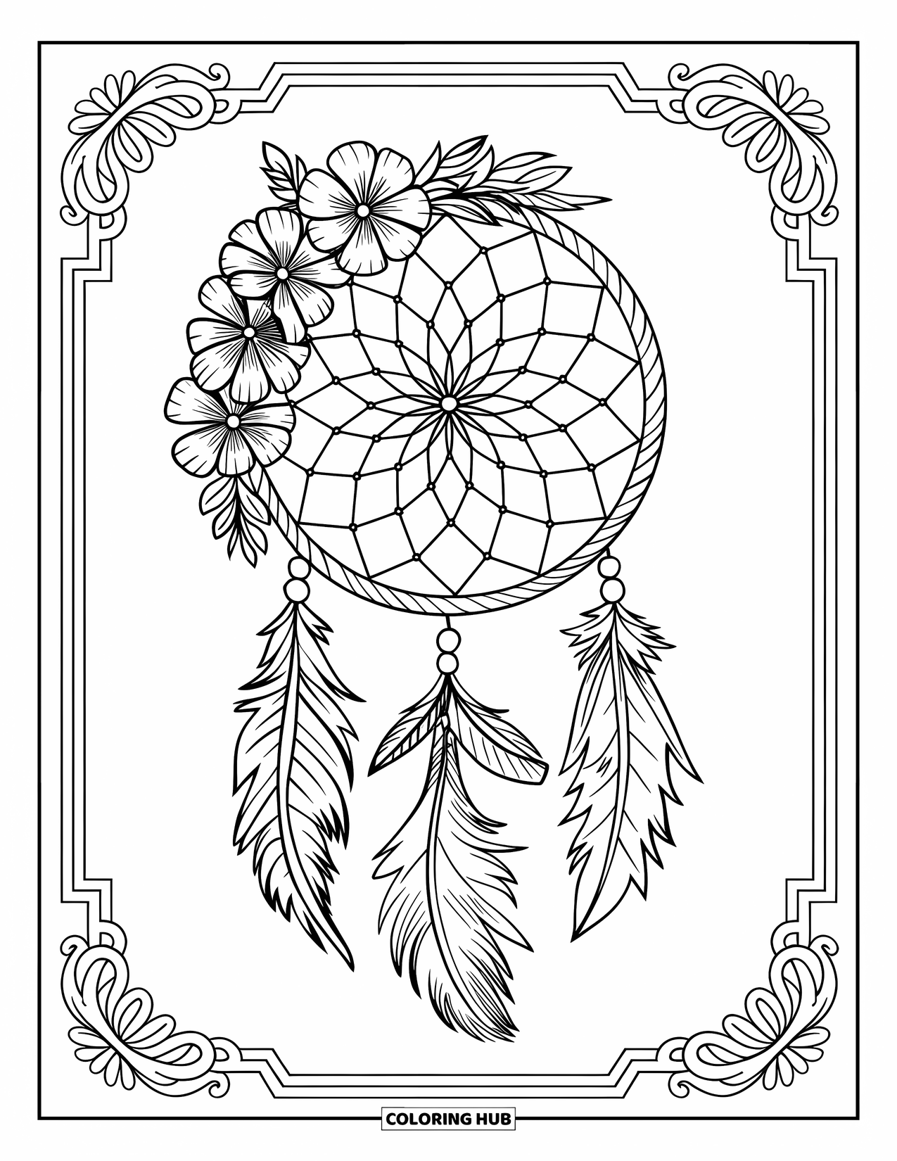 Dreamcatcher Coloring Page for Adults: A flower-lined dreamcatcher with a decorative frame sits within a floral border