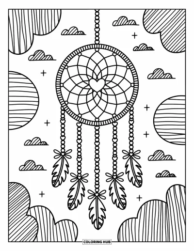 Coloriage d'attrape-rêves pour adultes : Un attrape-rêves à toile en cœur avec des plumes et des nœuds pend devant une scène boisée douce
