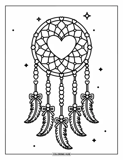 Coloriage d'attrape-rêves pour adultes : Un attrape-rêves à toile en cœur avec de petites perles et des plumes en nœuds pend joliment