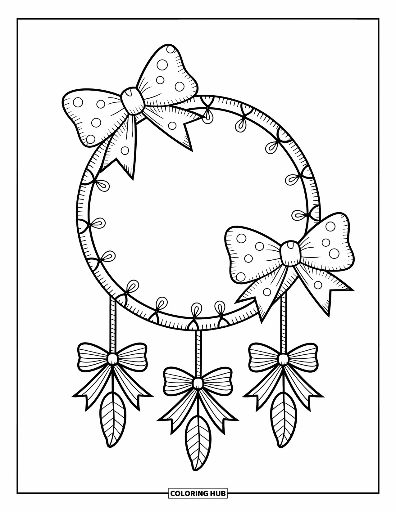 Dreamcatcher Coloring Page for Adults: A polka-dot hoop with bows and spiral webbing hangs with ribbon strands and feathers