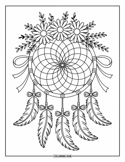 Coloriage d'attrape-rêves pour adultes : Un cerceau enrubanné avec une couronne de marguerites et une toile en cœur pend avec des plumes en nœuds