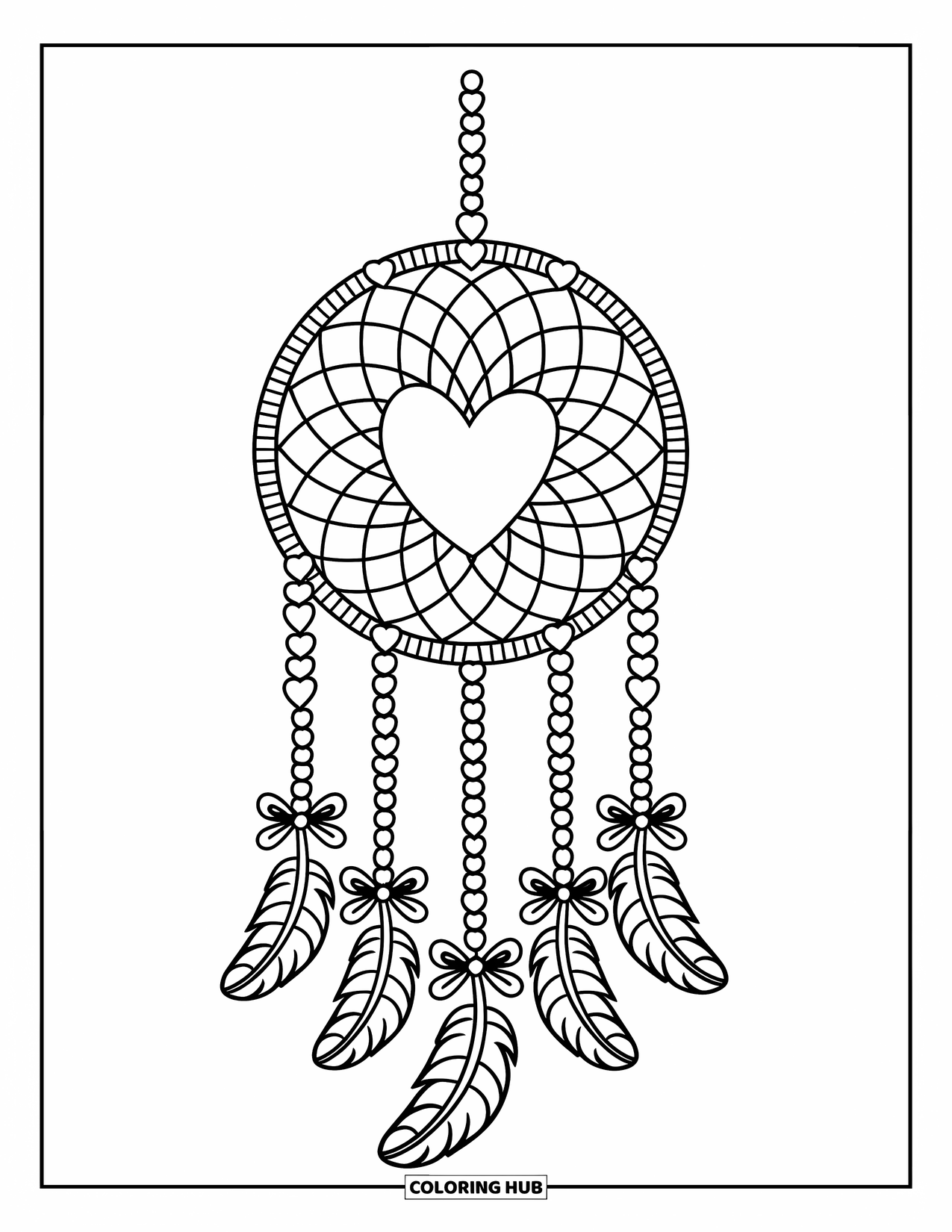 Dreamcatcher Coloring Page for Adults: A soft heart-shaped web with beads and mini feather bows brings sweet charm