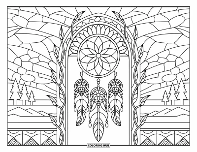 Coloriage d'attrape-rêves pour adultes : Un arc de vitraux entoure un attrape-rêves à toile en pétales avec des détails feuillus