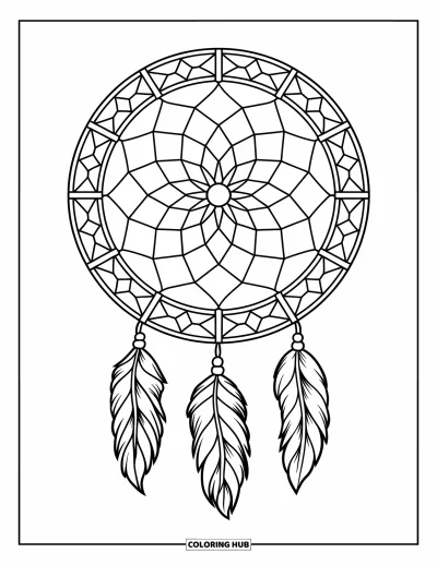 Coloriage d'attrape-rêves pour adultes : Un attrape-rêves encadré de vitraux avec un vide en son centre et trois pompons