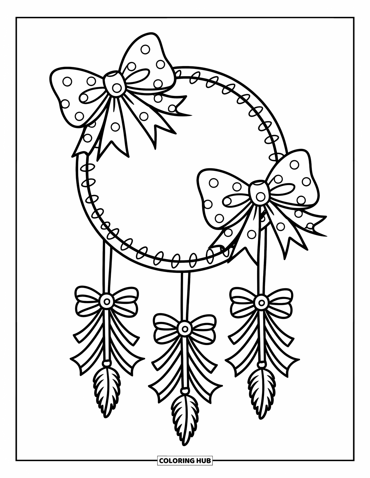 Dreamcatcher Coloring Page for Adults: A sweet hoop with bows, spirals, and soft feathers adds a playful touch