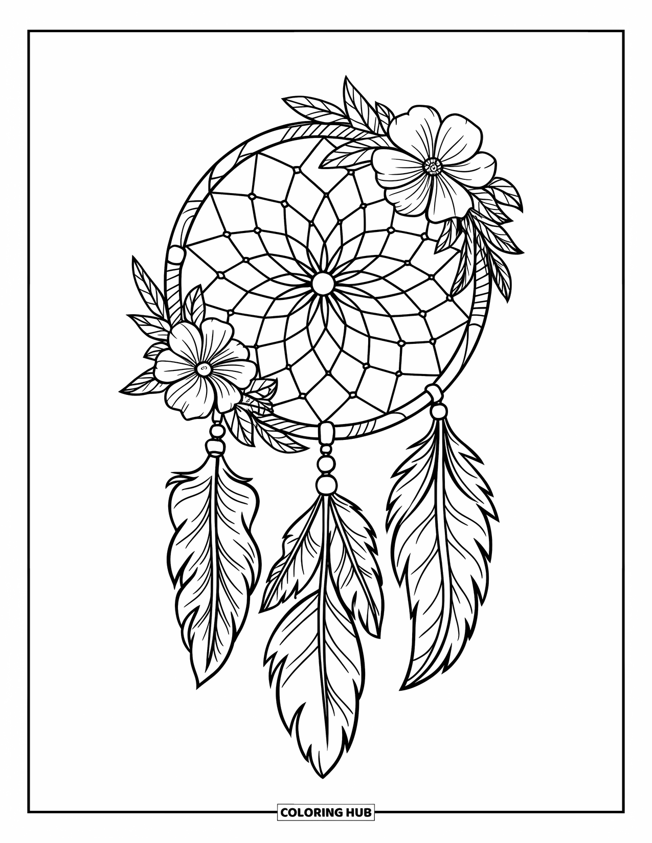 Dreamcatcher Coloring Page for Adults: A vintage dreamcatcher with tiny beads and floral webbing sits in botanical detail