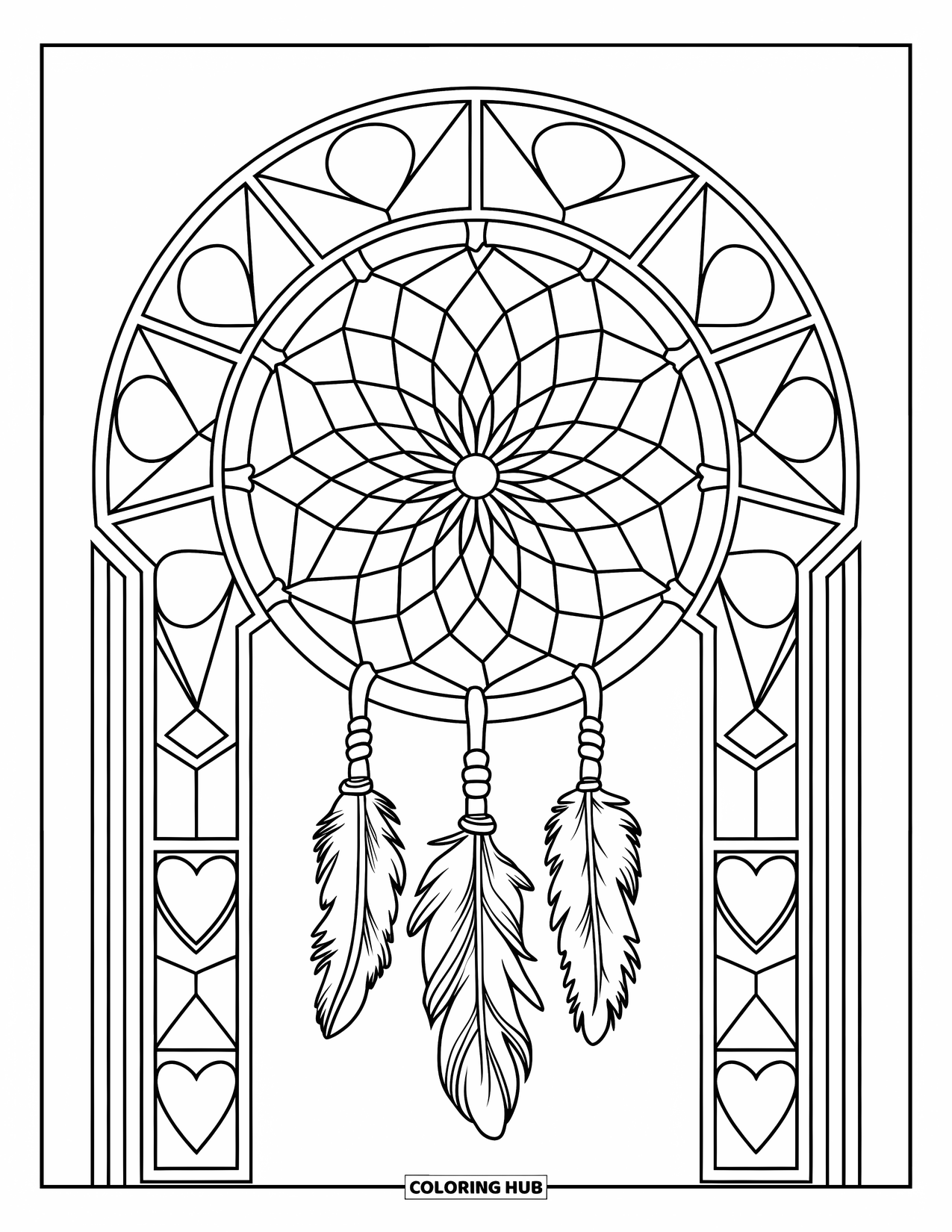 Dreamcatcher Coloring Page for Adults: A webbed dreamcatcher with heart and shape-patterned stained glass and tassels