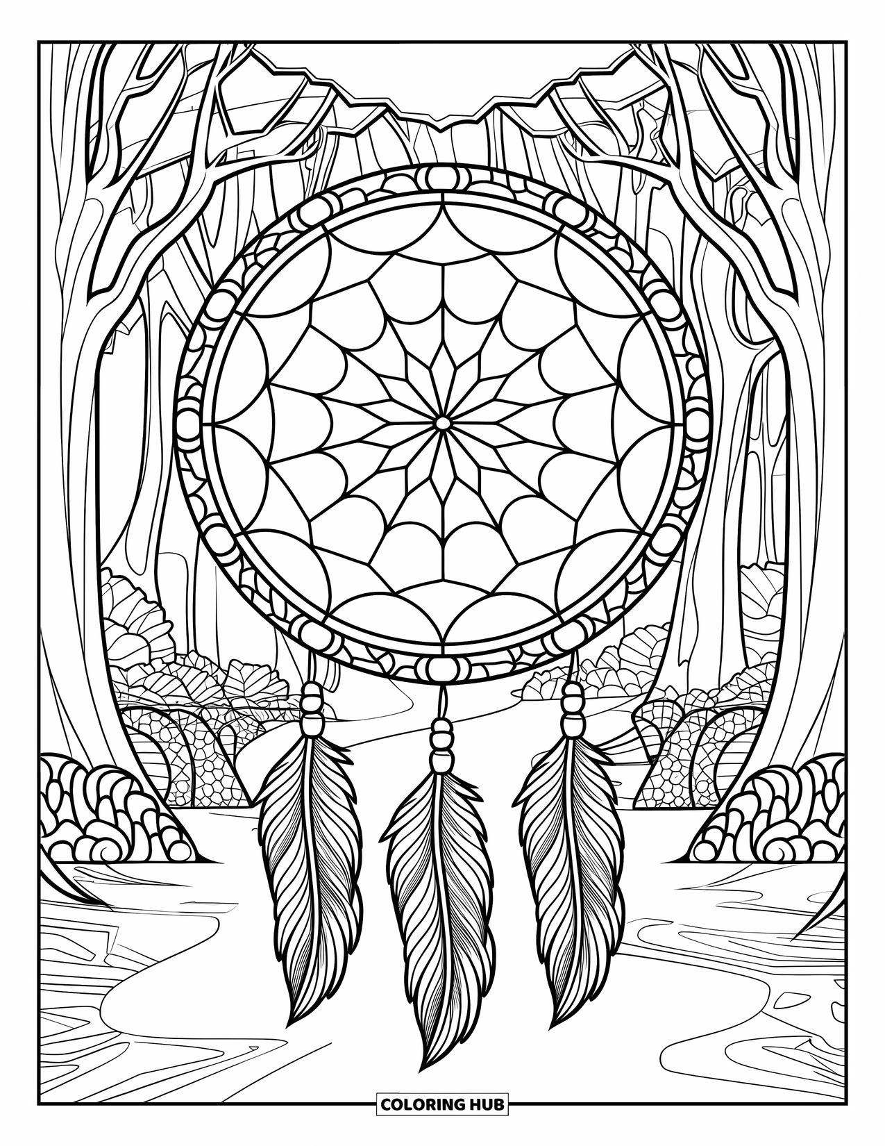 Dreamcatcher Coloring Page for Adults: A webbed dreamcatcher with stained glass trim hangs in a peaceful forest path
