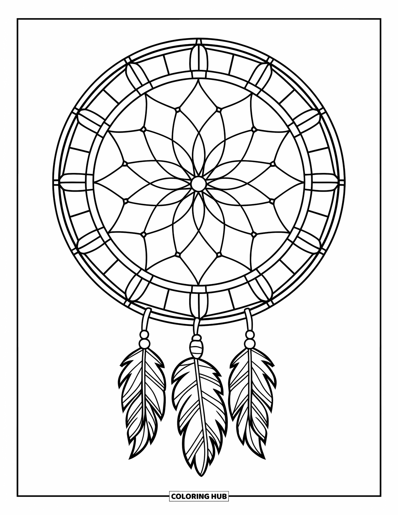 Dreamcatcher Coloring Page for Adults: A webbed dreamcatcher with three tassels is framed by stained glass and soft shapes