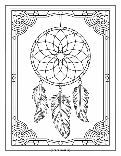 Coloriage d'attrape-rêves pour adultes : Un élégant attrape-rêves avec trois plumes encadré par de magnifiques vitraux
