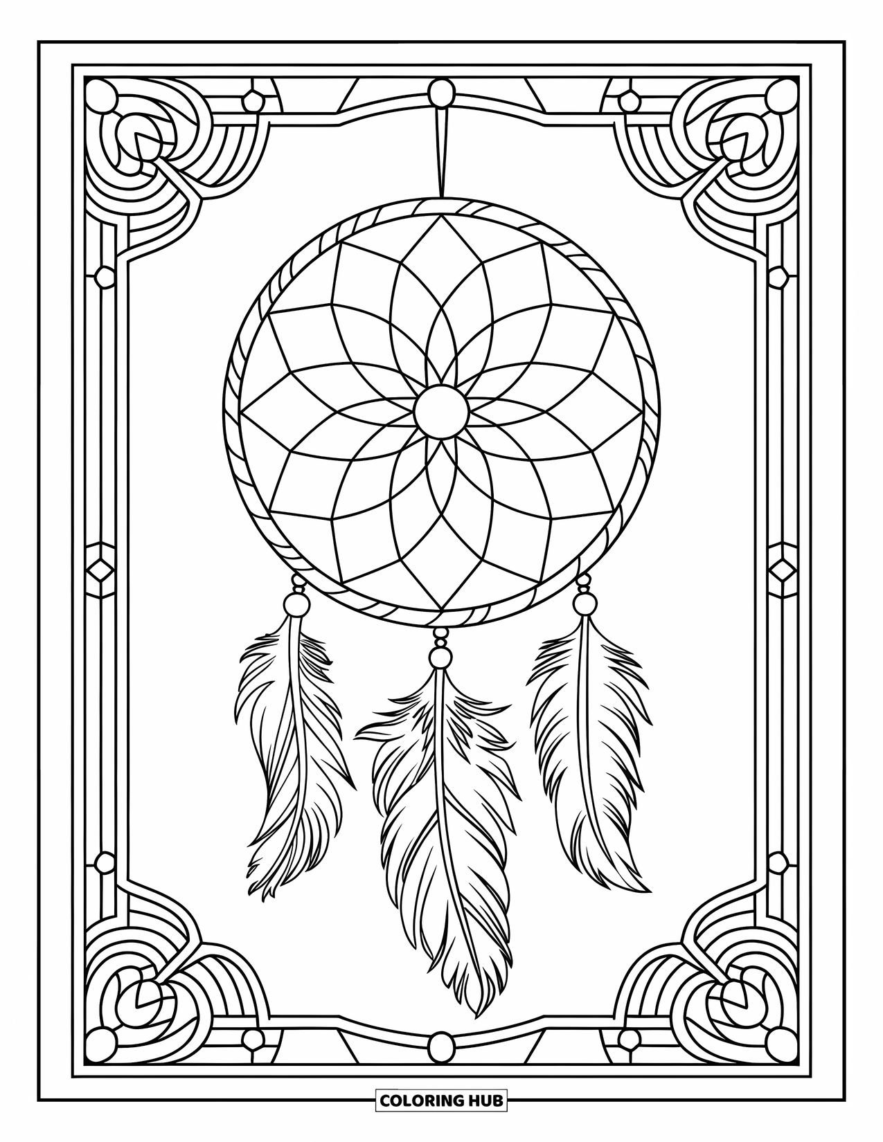 Dreamcatcher Coloring Page for Adults: An elegant dreamcatcher with three feathers framed in ornate stained glass