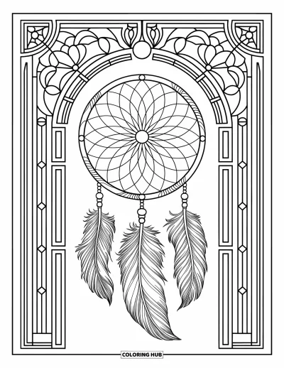 Coloriage d'attrape-rêves pour adultes : Un élégant attrape-rêves à plumes avec des détails façon vitrail et des motifs audacieux