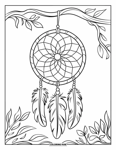Coloriage d'attrape-rêves pour enfants : Un grand attrape-rêves rond avec une toile simple et de grosses plumes pend à une branche feuillue