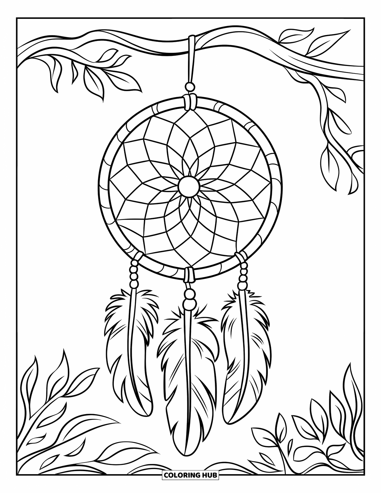 Dreamcatcher Coloring Page for Kids: A big round dreamcatcher with a simple web and thick feathers hangs from a leafy branch