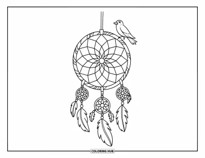 Coloriage d'attrape-rêves pour enfants : Un oiseau est posé sur un attrape-rêves fleuri avec des rubans qui se balancent