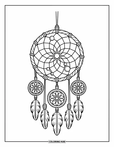 Coloriage d'attrape-rêves pour enfants : Un attrape-rêves circulaire avec une toile ornée de perles et de petits nœuds se balance à un bâton