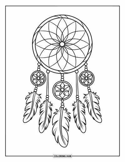 Coloriage d'attrape-rêves pour enfants : Un attrape-rêves au trait net avec des lignes de plumes et des perles occupe l'espace blanc