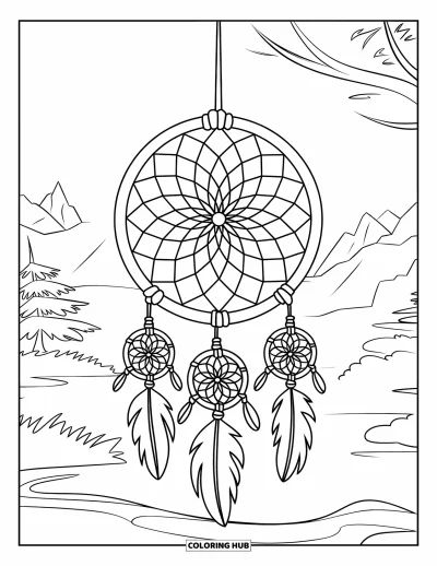 Coloriage d'attrape-rêves pour enfants : Un attrape-rêves détaillé pend à une branche dans un paisible paysage de montagne