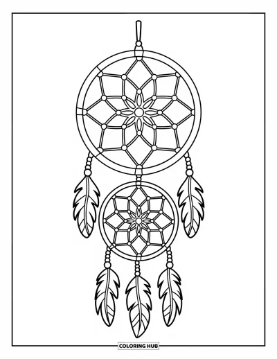 Coloriage d'attrape-rêves pour enfants : Un attrape-rêves à double cerceau avec des toiles élaborées et de simples pendentifs pend à un bâton