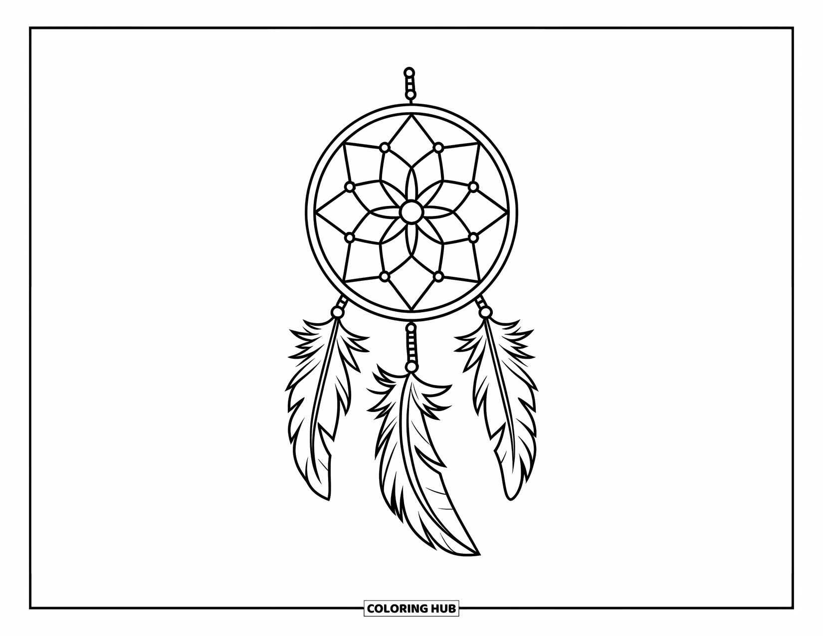Dreamcatcher Coloring Page for Kids: A dreamcatcher with a flower-shaped web and short tassels hangs in a calm setting