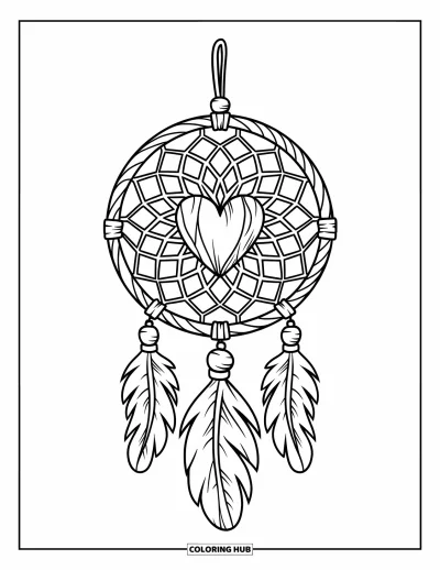 Coloriage d'attrape-rêves pour enfants : Un attrape-rêves avec un cœur central et des rubans en boucle en bois pend à un cerceau