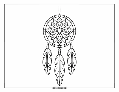 Coloriage d'attrape-rêves pour enfants : Un attrape-rêves aux motifs audacieux pend à une branche avec de longs fils flottants