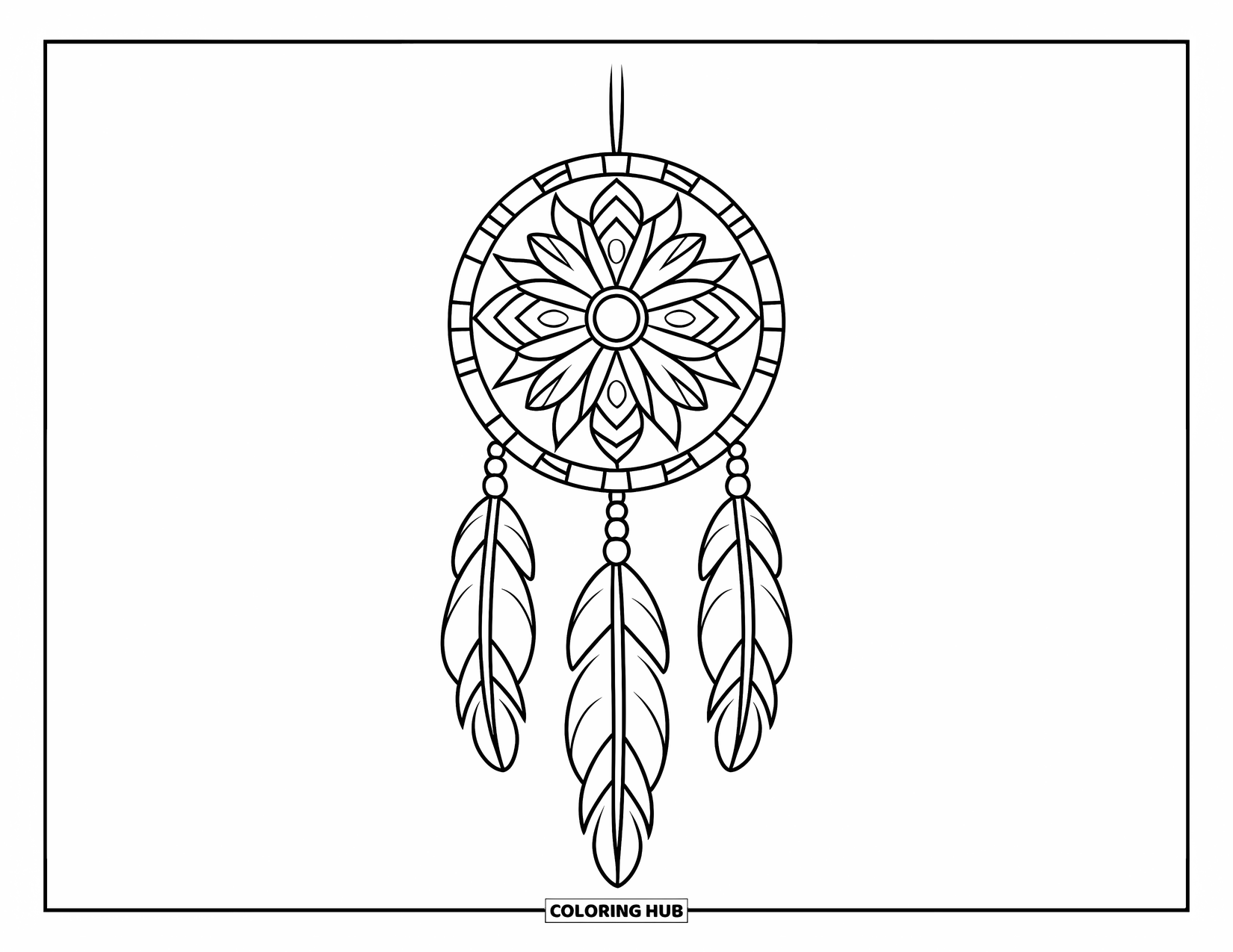 Dreamcatcher Coloring Page for Kids: A dreamcatcher with bold patterns hangs from a branch with long flowing threads