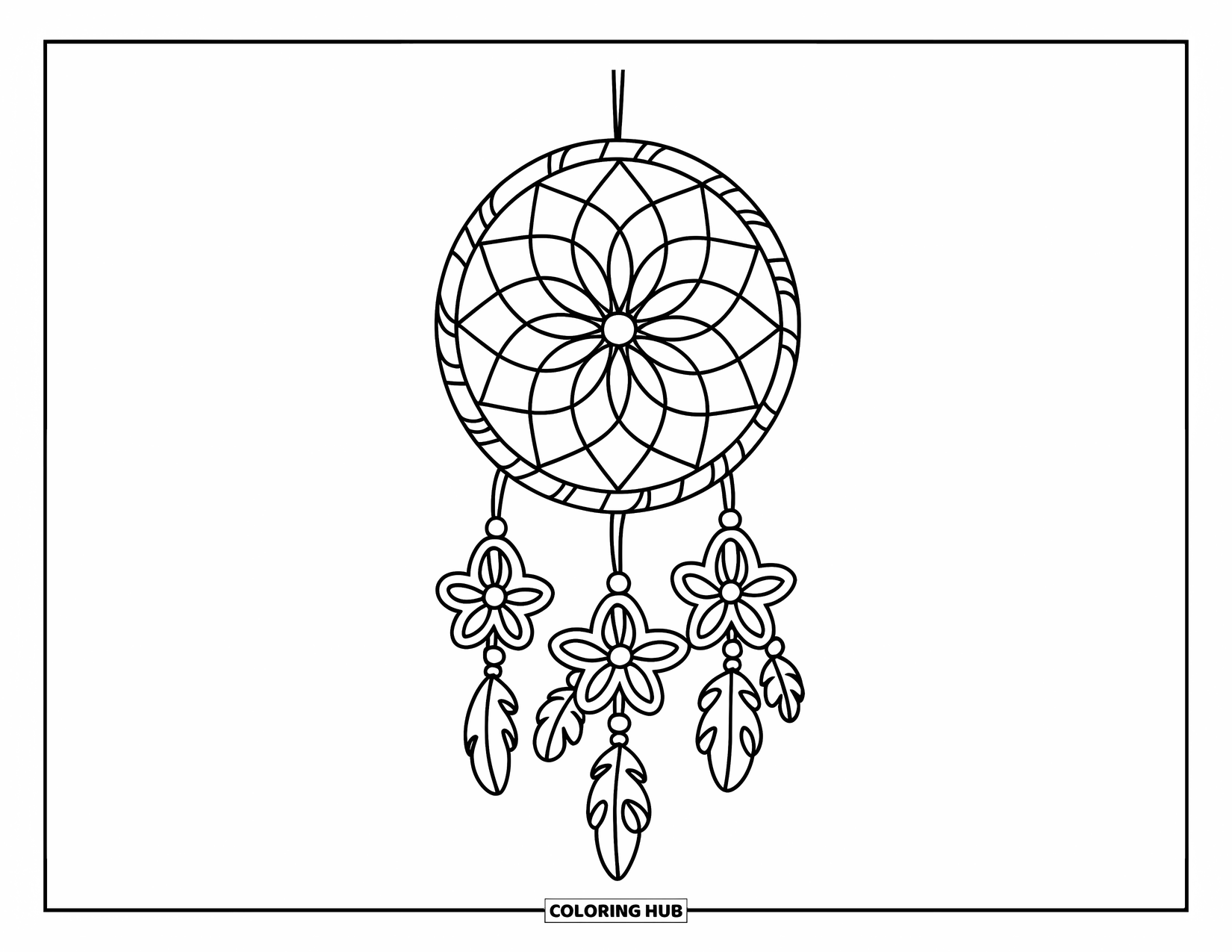 Dreamcatcher Coloring Page for Kids: A dreamcatcher with floral web patterns and ribbons hangs from a wooden dowel