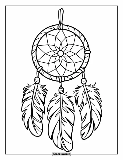 Coloriage d'attrape-rêves pour enfants : Un attrape-rêves aux contours doux, avec des plumes ovales et des fils épais, pend à un bâton