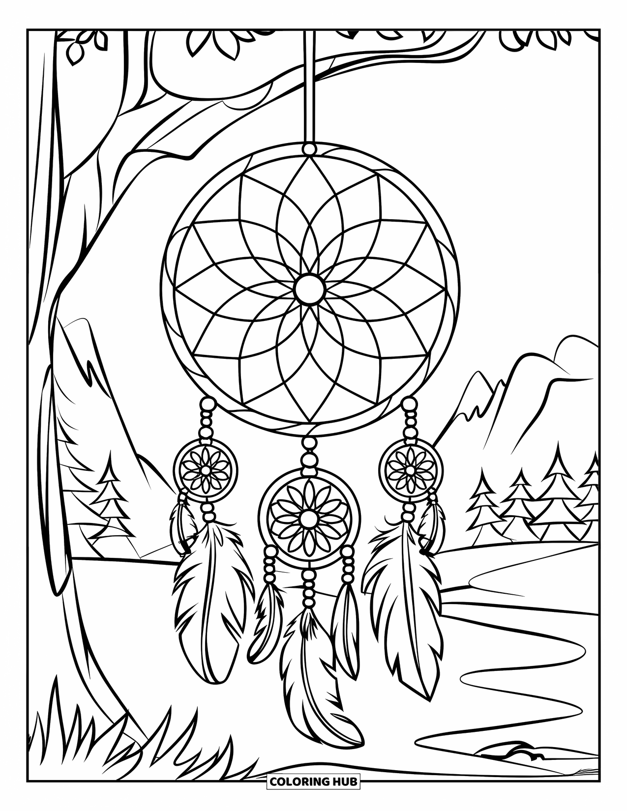 Dreamcatcher Coloring Page for Kids: A feather-patterned dreamcatcher swings from a branch in a peaceful mountain scene